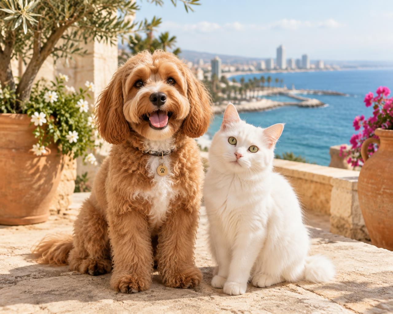 Groomed dog and cat on a Limassol terrace